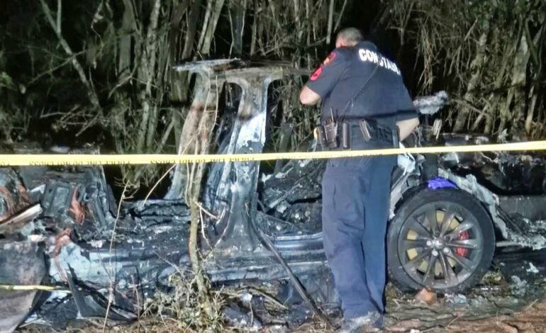 INVESTIGAN CHOQUE DE AUTOMÓVIL TESLA CONTRA ÁRBOL CON DOS PERSONAS MUERTAS