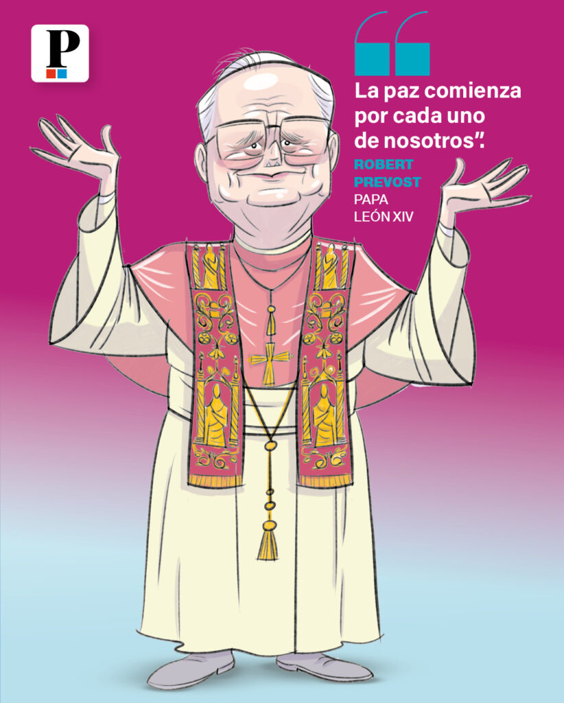 Caricatura del Papa León XIV con la frase "La paz comienza por cada uno de nosotros"